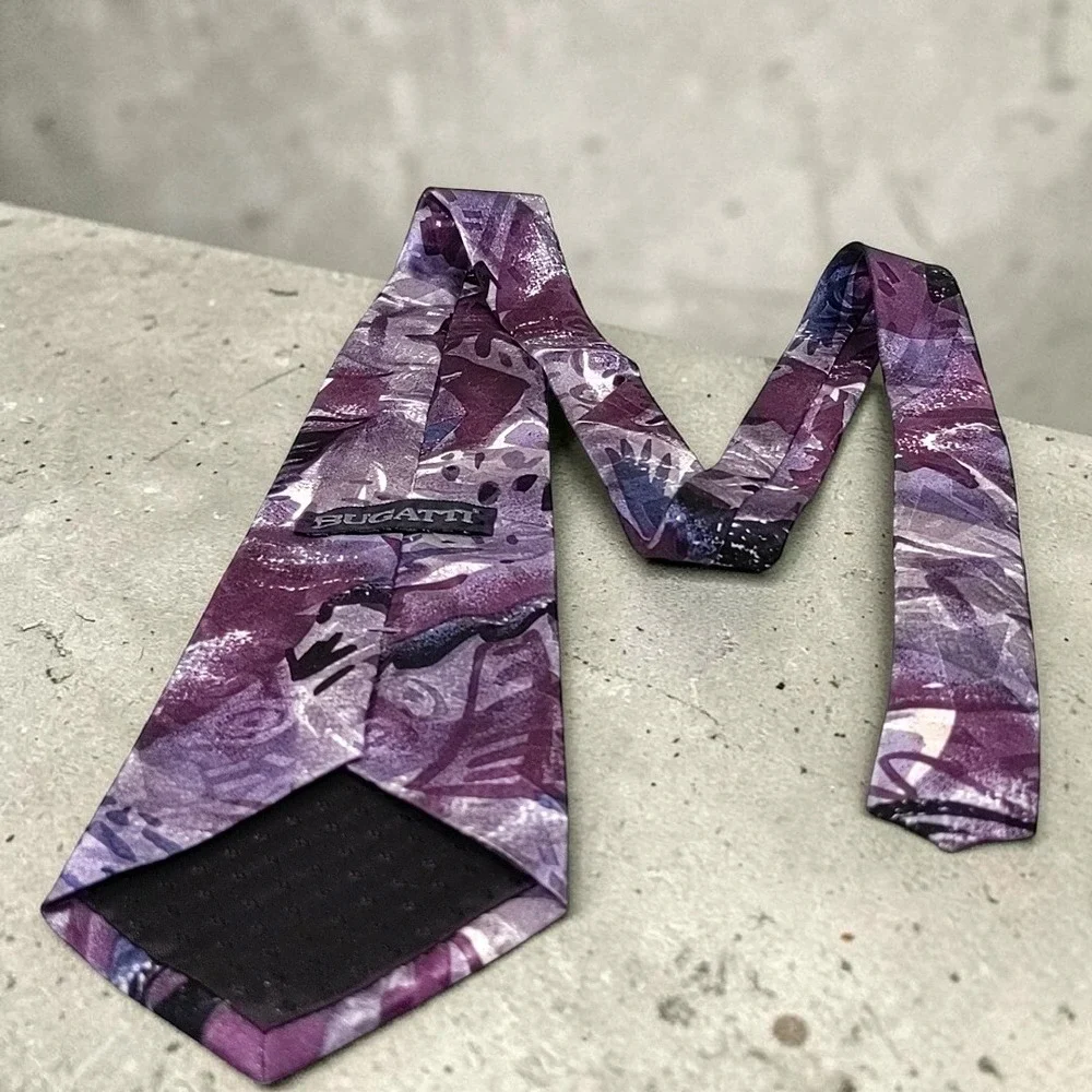 Vtg 90s Bugatti Mens Silk Tie Purple Abstract Geometric Brushstroke Italian Silk